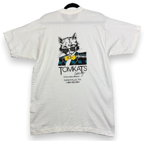 Fruit of the Loom Other - Vintage 1990 Tomkats Catering T Shirt L White Sgt Bilko Film Crew Promo Cat